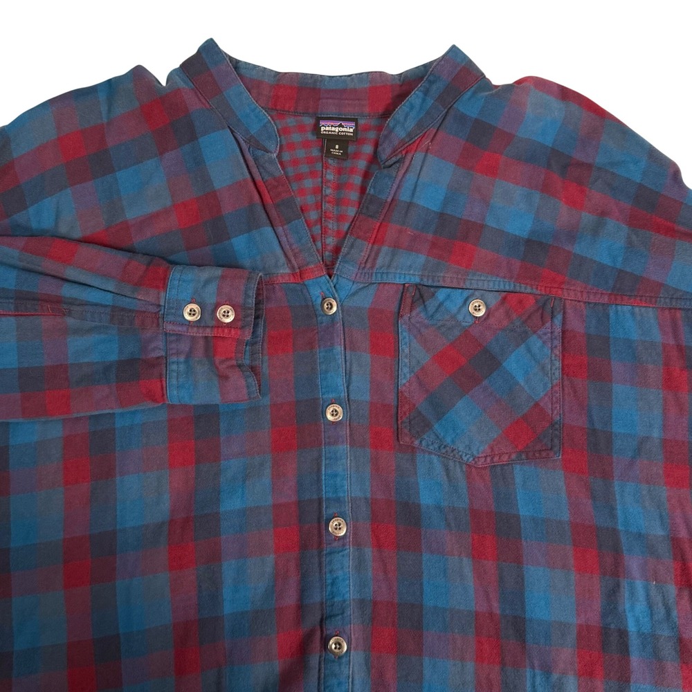 Patagonia Double Weave Woven Plaid Flannel V-Neck Button Up Shirt Blue Womens 8